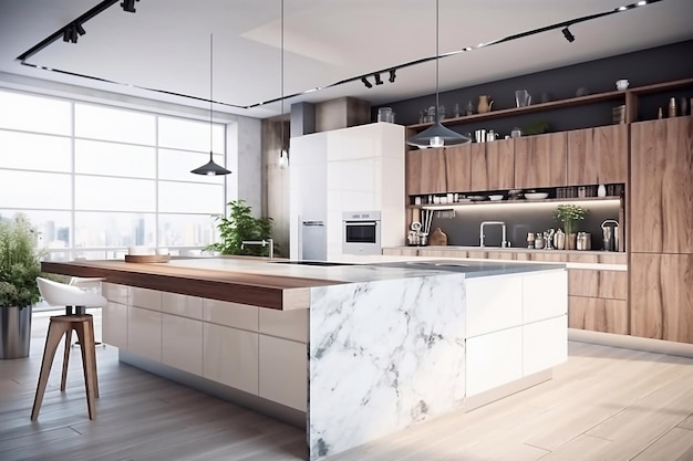 Modern bright kitchen interior created with Generative AI technology