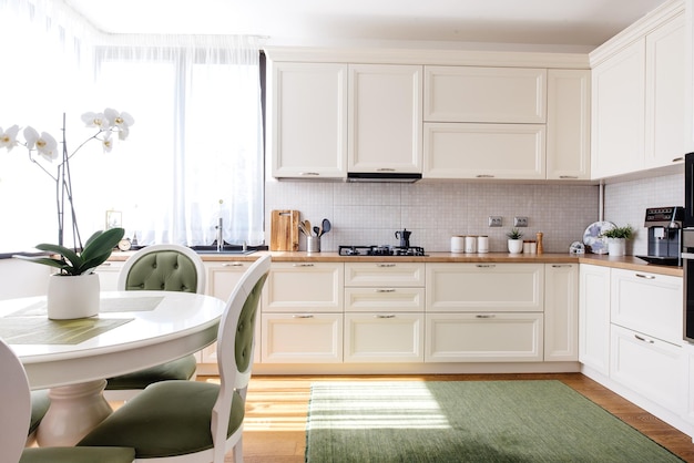 Modern and bright kitchen interior with appliances in a luxury house