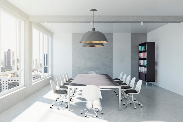 Modern bright meeting room interior with city view daylight and furniture Law and legal workplace concept 3D Rendering