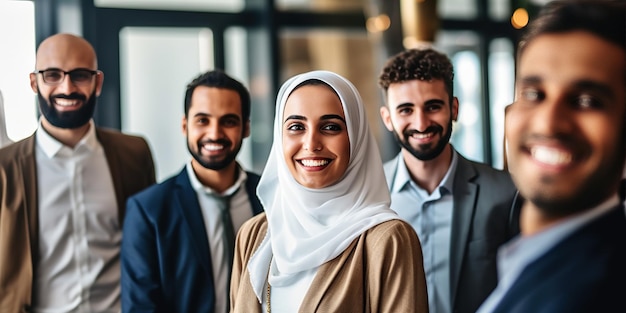 モダンで明るいオフィスでは、アラビア人女性を含む笑顔の男女で構成される率直なビジネスチームが活発な会話を交わしている ジェネレーティブAI