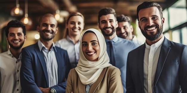 In a modern bright office a candid business team of smiling men and women including an Arabic woman engage in lively conversation Generative AI