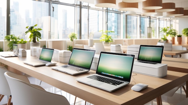 Modern bright office interior with empty white laptops on wooden table near windows with city view