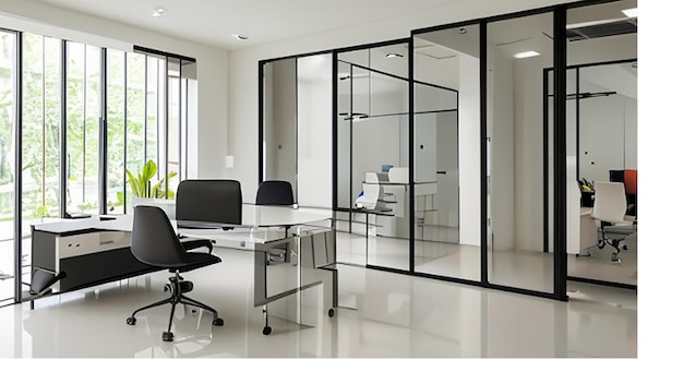 Modern bright office space with a glass desk and ergonomic office chair for company manager