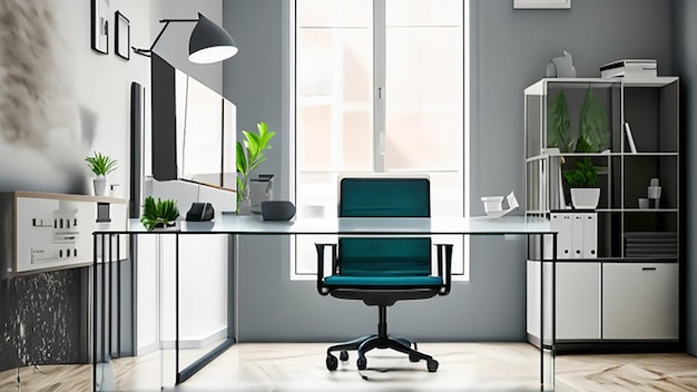 회사 관리자를 위한 유리 책상과 인체공학적 사무실 의자를 갖춘 현대적이고 밝은 사무실 공간