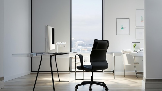 Modern bright office space with a glass desk and ergonomic office chair for company manager