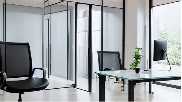 Modern bright office space with a glass desk and ergonomic office chair for company manager