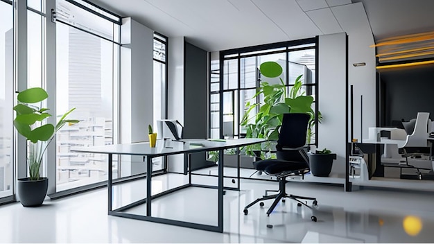 Modern bright office space with a glass desk and ergonomic office chair for company manager