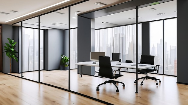 Modern bright office space with a glass desk and ergonomic office chair for company manager