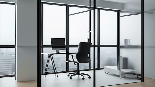 Современное светлое офисное помещение с стеклянным столом и эргономичным офисным стулом для менеджера компании
