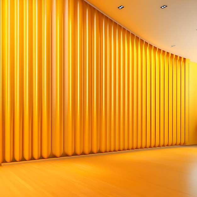 Modern bright vibrant yellow corrugated wall brown wood parquet floor in sunlight shadow for inter