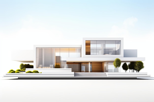 現代建築の豪華な家 屋外の3Dレンダリング 白い背景