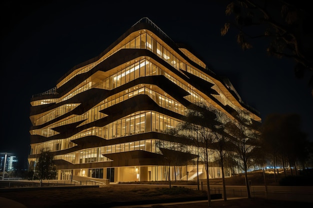 야간 조명을 갖춘 현대적인 건물 컨셉 디자인