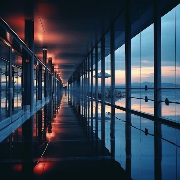 Photo modern building corridor with glass windows blue toned china