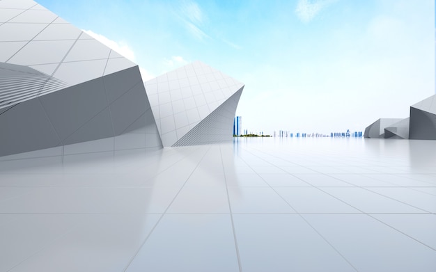 Modern building and empty floor with skyline