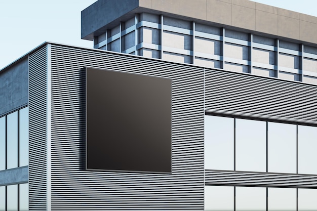 Foto esterno di un edificio moderno con cartellone pubblicitario nero vuoto sullo sfondo del cielo rendering 3d di concetto pubblicitario e commerciale