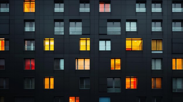 写真 夜に照らされた窓を持つ近代的な建物の正面