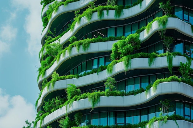 Modern building facade with windows and plants on the balconies Ecosustainable city