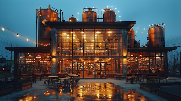 Photo modern building illuminated with many windows and lights