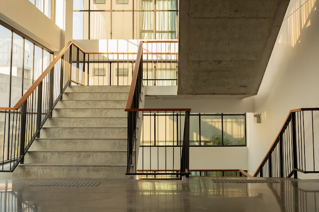 Modern building interior emergency exit staircase.