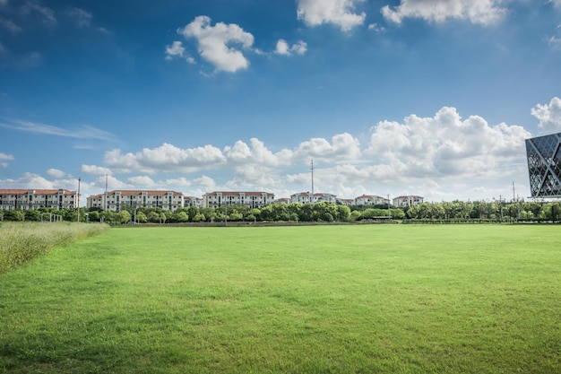 modern building behind the lawn