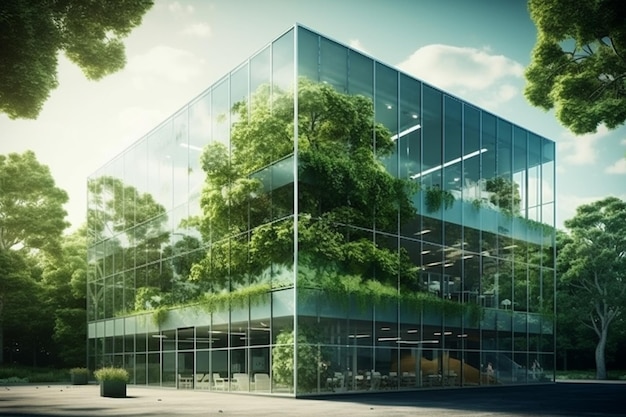 Modern building of a rectangular shape with flat roof Facade with a glass entrance doors and wooden battens walls Copy space Place for logo or banner Generative AI