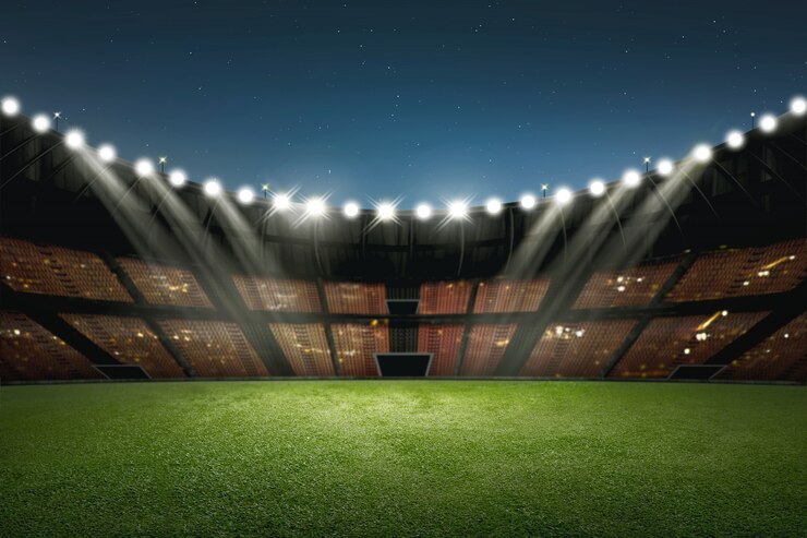 Photo modern building of soccer stadium with illumination 