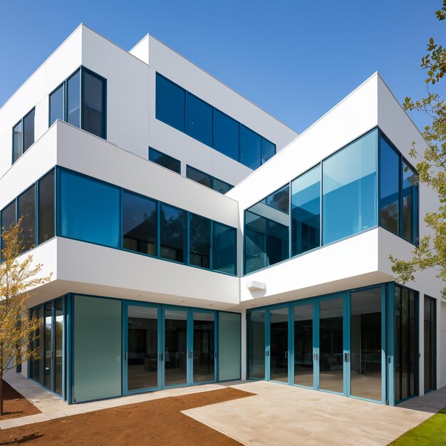 A modern building with blue glass