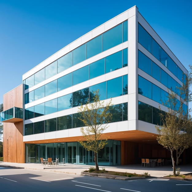 A modern building with blue glass