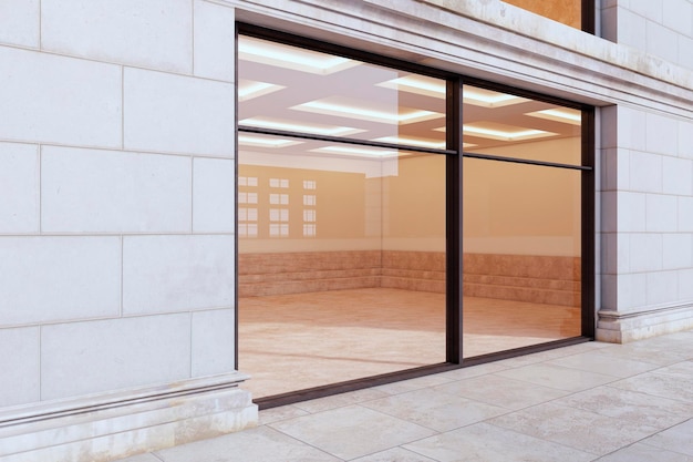 Modern building with glass door and stone wall 3D Rendering