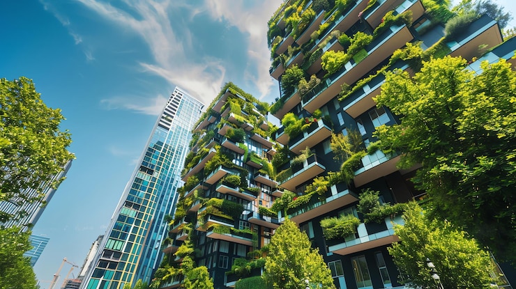 Photo a modern building with a green wall showcasing sustainable urban design