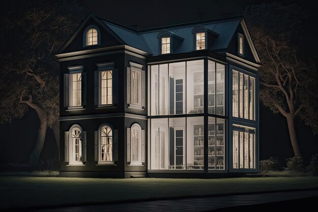 Modern building with transparent windows and design exterior of a classic house at night