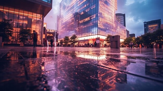 modern buildings in capital city with light reflection from puddles on street