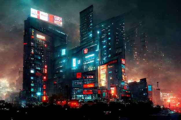 Современные здания в столице с неоновым светом и дождливым облаком и дымом