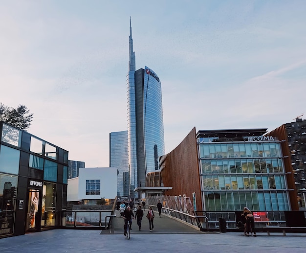 Modern buildings on the city center streets of Milan in Lombardy region in Northern Italy contemporary European architecture