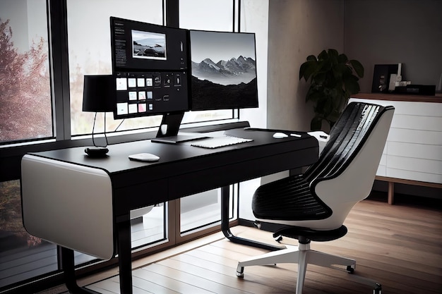 Modern bureau met strak design en minimalistische details met een grote monitor en toetsenbord