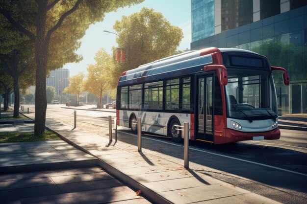 Foto autobus moderno che arriva a una fermata di autobus in un giorno d'estate soleggiato generato da ai