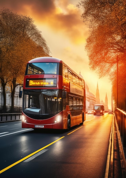 Modern bus is transporting passengers in city with sunset long exposure Generative Ai