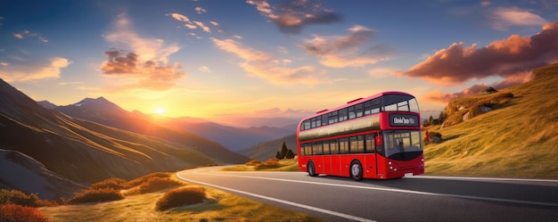 現代のバスが山で乗客を運んでいます日が沈むと休日のバナーが描かれています