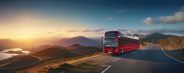 Modern bus is transporting passengers in mountains with sunset on holiday banner Generative Ai
