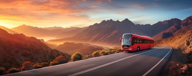 Photo modern bus is transporting passengers in mountains with sunset on holiday banner generative ai