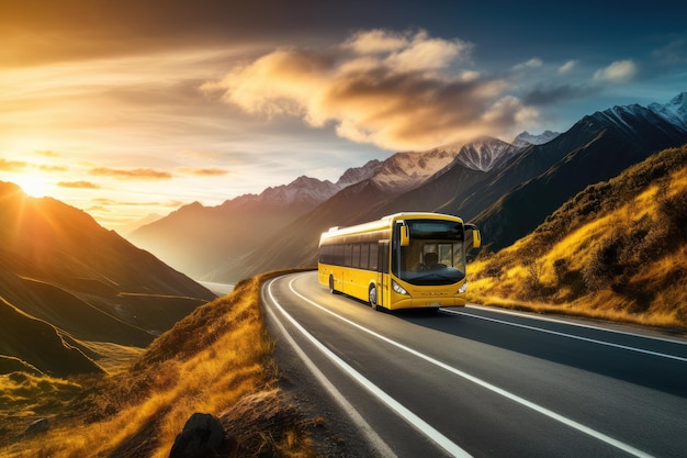 Modern bus is transporting passengers in mountains with sunset on holiday Generative Ai
