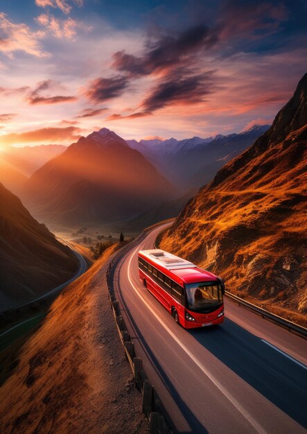 Modern bus is transporting passengers in mountains with sunset on holiday Generative Ai