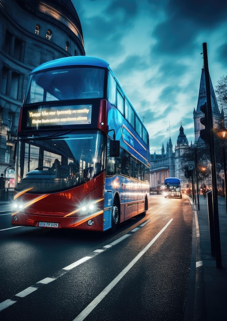 現代のバスが休暇の夜に乗客を運んでいる Generative Ai
