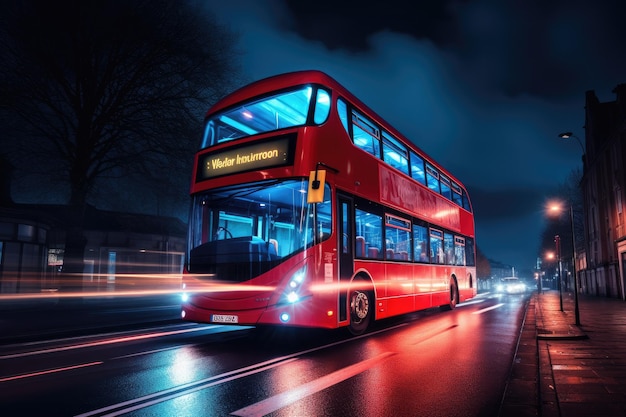 Modern bus is transporting passengers during night on holiday Generative Ai