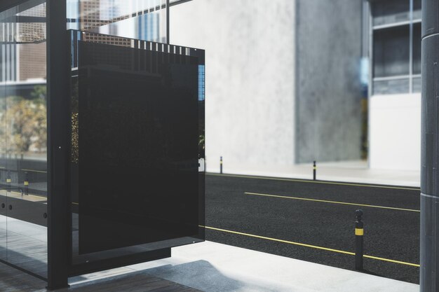 modern bus stop with empty black poster. mock up, 3d rendering