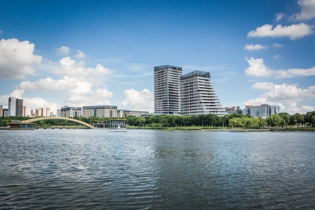 Modern business building by the small lake