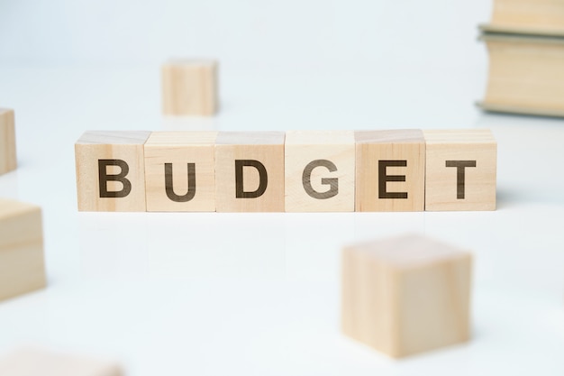 Modern business buzzword - budget. Word on wooden blocks on a white background.