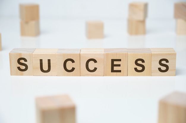 Modern business buzzword - success. Word on wooden blocks on a white background.