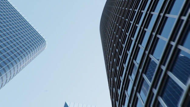 Modern business center kantoor van wolkenkrabbers met blauw glas. Opwaartse beweging langs de zakelijke wolkenkrabbers. Zakelijk district. Succesconcept.