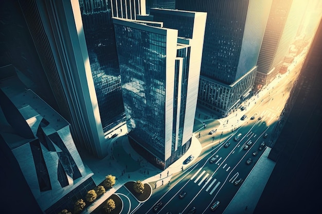 Modern business center with skyscrapers aerial view of busy city street created with generative ai